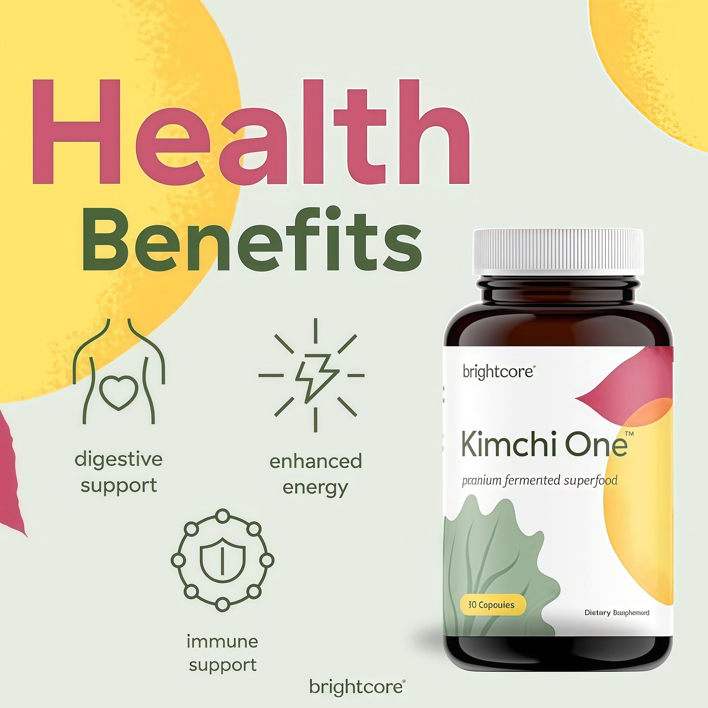 Brightcore Nutrition - Kimchi One, Kimchi Powder Capsules, Probiotics, Enzymes, & Antioxidant Supplement, Premium Gut Health Superfood for Overall Well Being, Gluten-Free, 90 Vegan Capsules